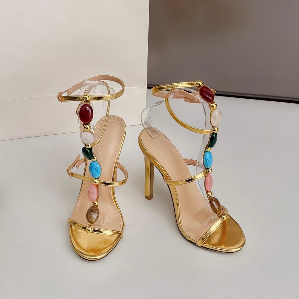 Elegant Gold Strappy Heels with Multicolor Stone Accents